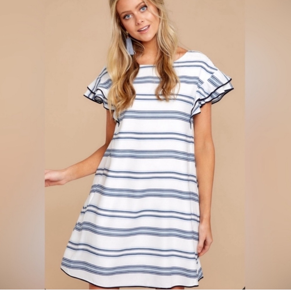Listicle White and Navy Striped Flutter Sleeve Dress